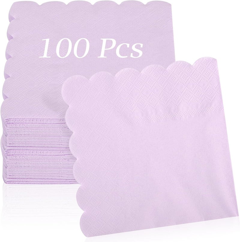 Hoiny 100 Pcs Cocktail Napkins, 2-Ply 5 x 5 Inches Disposable Scalloped Napkins, Thick Premium Dessert Napkins for Party, Wedding, Dinner, Birthday, Anniversary, Festival (Light Purple) - Image 1